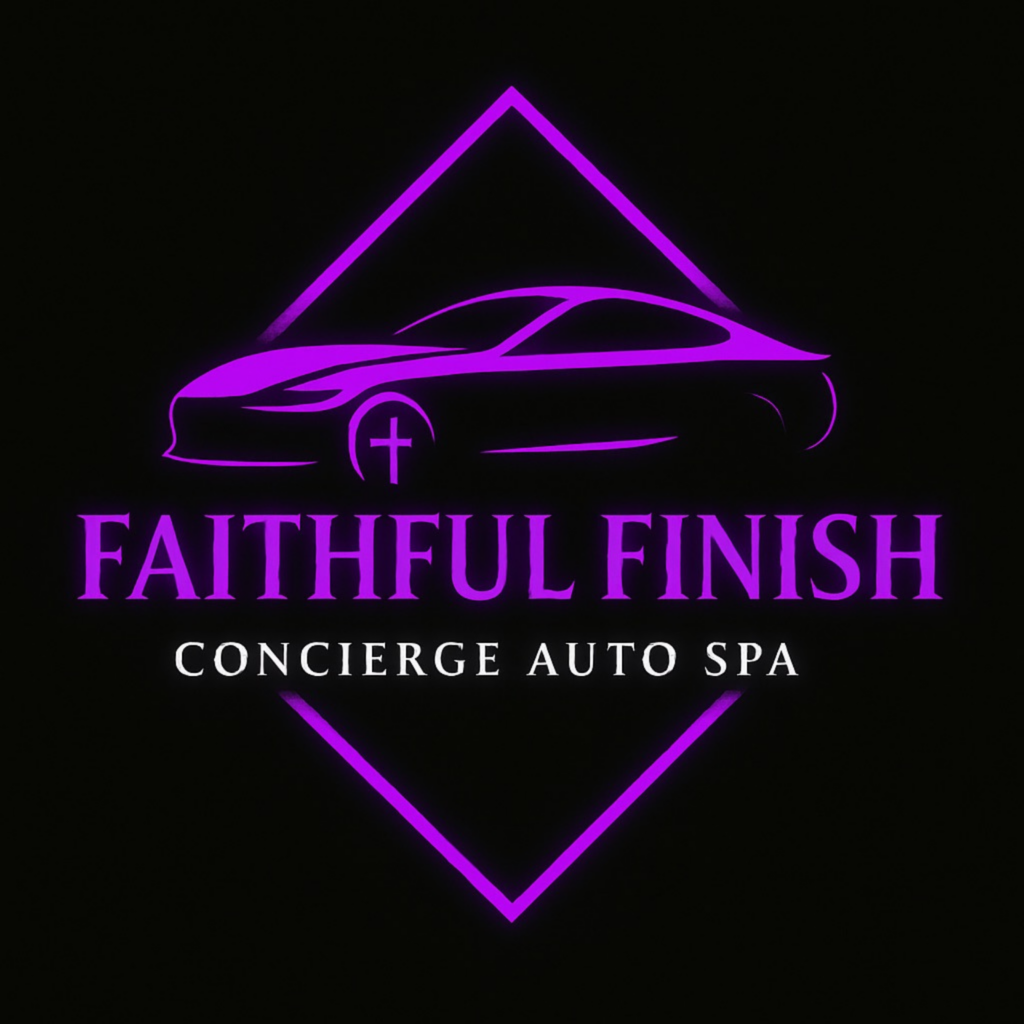 Faithful Finish Concierge Auto Spa logo featuring a luxury car outline with purple accents and Christian cross symbol