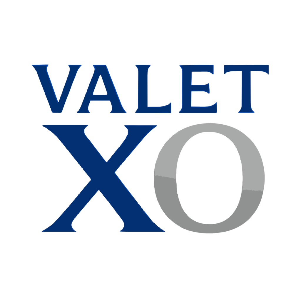 Valet XO luxury valet parking logo in blue and silver on a black background
